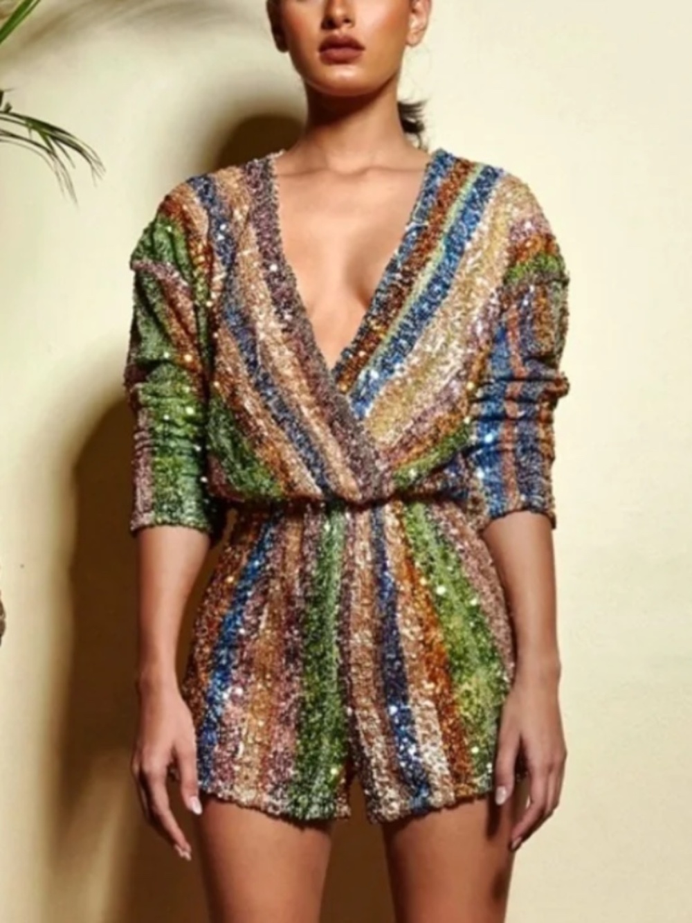 Endless Rose Sequin Multi Colored Stripe Wrap Romper size Medium